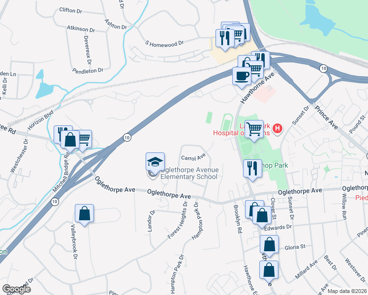 map of restaurants, bars, coffee shops, grocery stores, and more near 356 Knottingham Drive in Athens