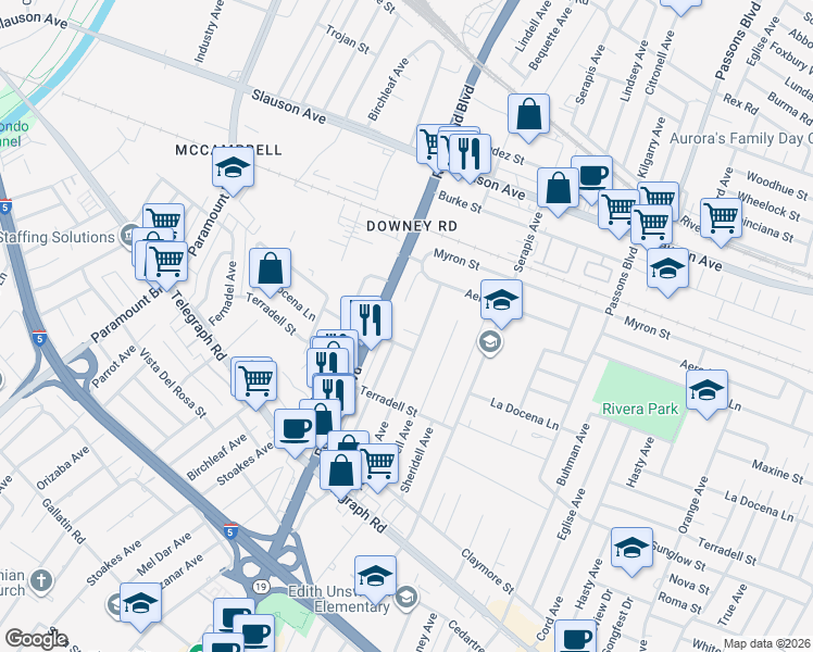 map of restaurants, bars, coffee shops, grocery stores, and more near 8236 Rosemead Boulevard in Pico Rivera