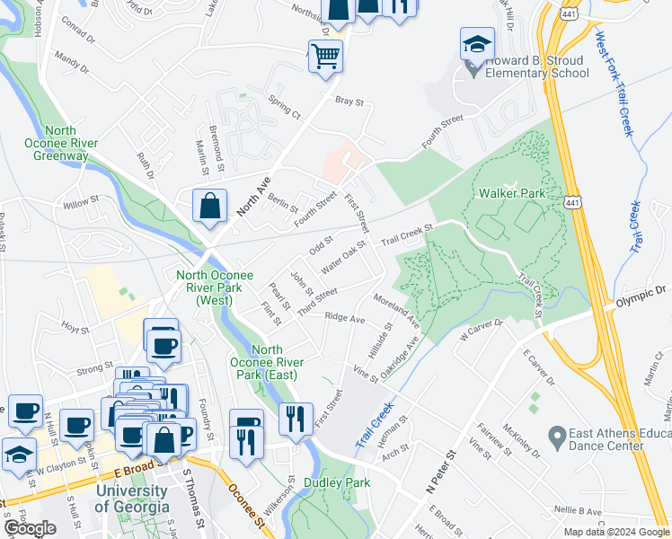 map of restaurants, bars, coffee shops, grocery stores, and more near 191 Water Oak Street in Athens
