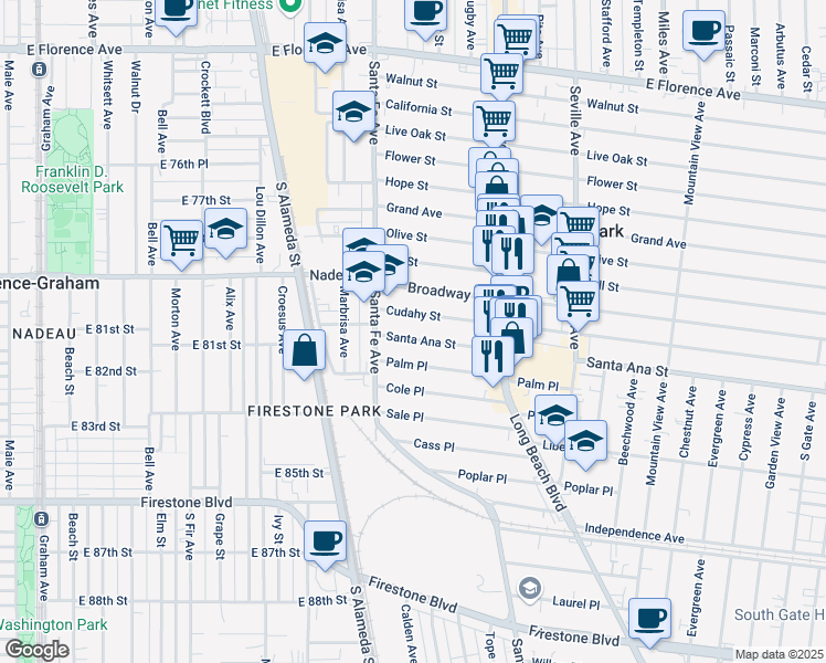 map of restaurants, bars, coffee shops, grocery stores, and more near 2450 Cudahy Street in Huntington Park