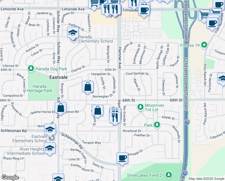 map of restaurants, bars, coffee shops, grocery stores, and more near 6767 Icelandic Street in Corona