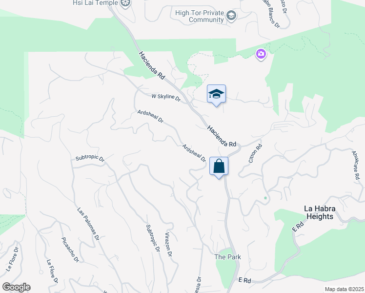 map of restaurants, bars, coffee shops, grocery stores, and more near 2417 Ardsheal Drive in La Habra Heights