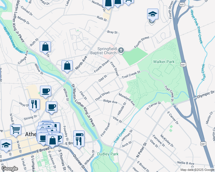map of restaurants, bars, coffee shops, grocery stores, and more near 176 Water Oak Street in Athens
