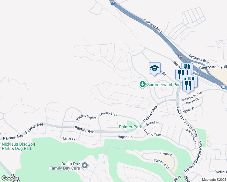 map of restaurants, bars, coffee shops, grocery stores, and more near 1304 Joshua Tree Road in Beaumont