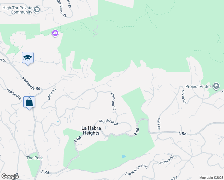 map of restaurants, bars, coffee shops, grocery stores, and more near 2182 Ahuacate Road in La Habra Heights