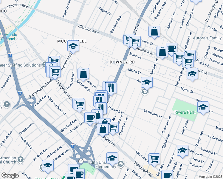 map of restaurants, bars, coffee shops, grocery stores, and more near 8253 Rosemead Boulevard in Pico Rivera