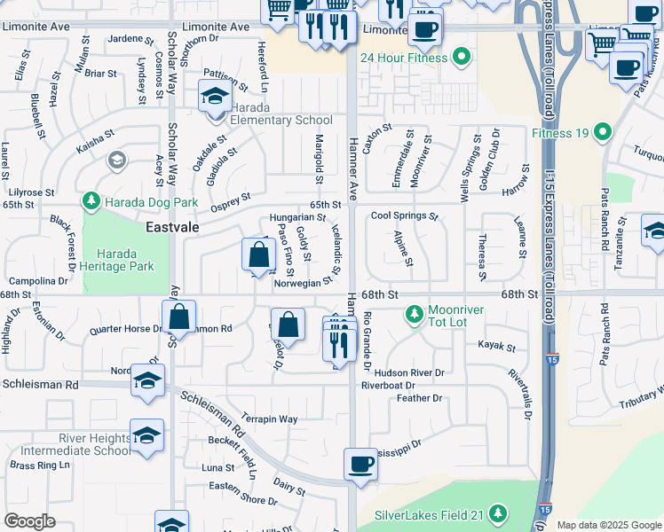 map of restaurants, bars, coffee shops, grocery stores, and more near 6767 Icelandic Street in Corona