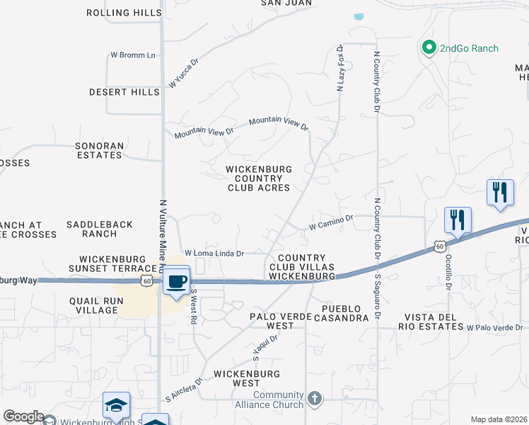 map of restaurants, bars, coffee shops, grocery stores, and more near 1700 West Camino Drive in Wickenburg