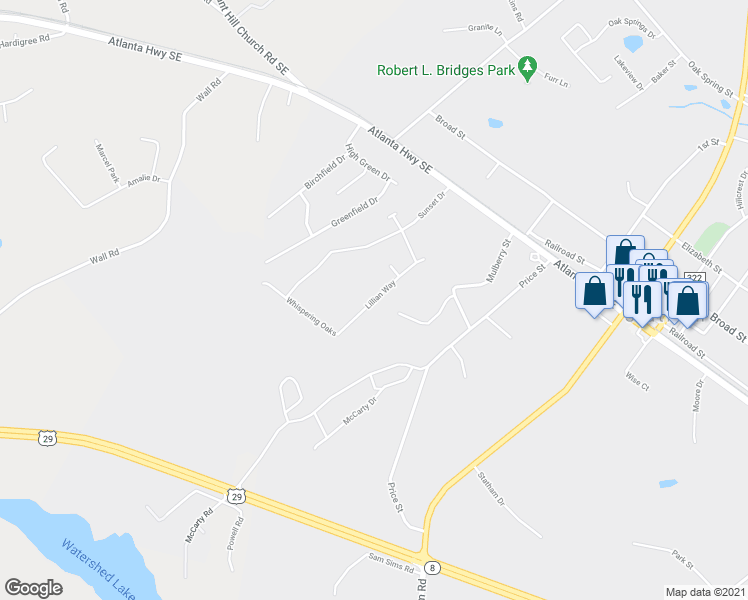 map of restaurants, bars, coffee shops, grocery stores, and more near 501 Lillian Way in Statham