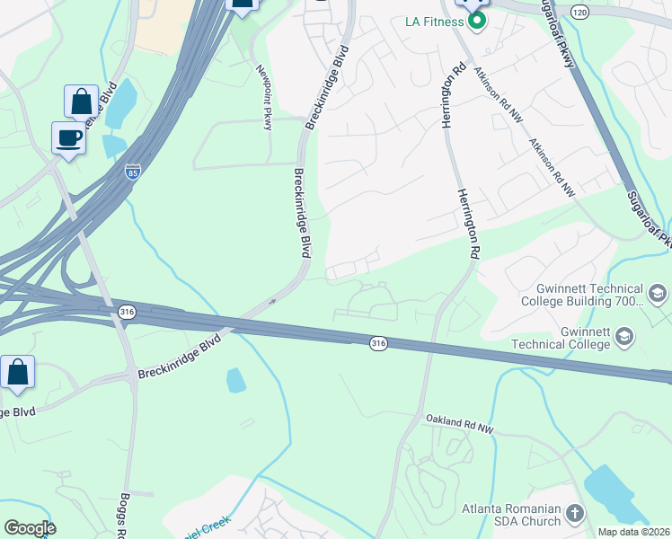 map of restaurants, bars, coffee shops, grocery stores, and more near 2288 Spin Drift Way in Lawrenceville