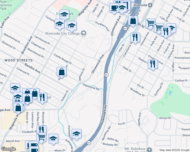 map of restaurants, bars, coffee shops, grocery stores, and more near 5149 Boxwood Place in Riverside