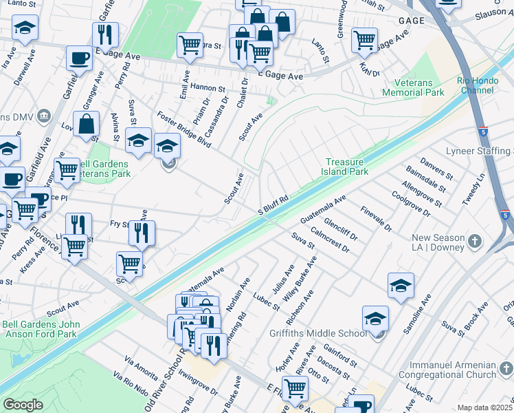 map of restaurants, bars, coffee shops, grocery stores, and more near in Downey