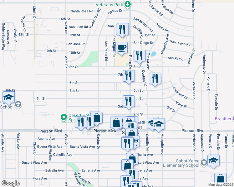 map of restaurants, bars, coffee shops, grocery stores, and more near 66399 5th Street in Desert Hot Springs