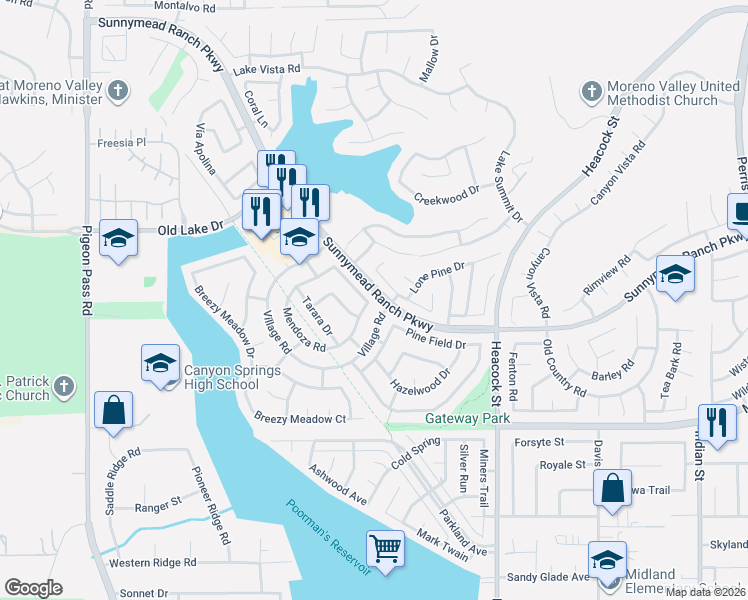 map of restaurants, bars, coffee shops, grocery stores, and more near 23735 Bouquet Canyon Place in Moreno Valley