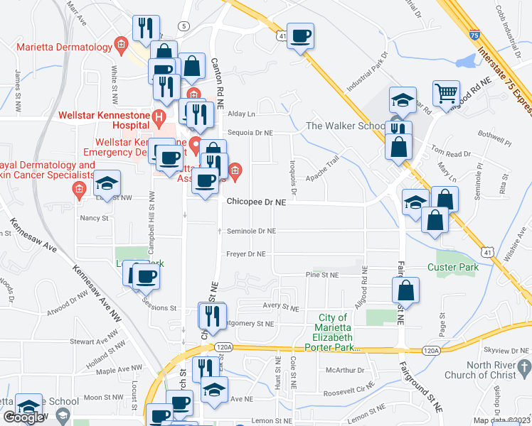 map of restaurants, bars, coffee shops, grocery stores, and more near 583 Chicasaw Drive in Marietta