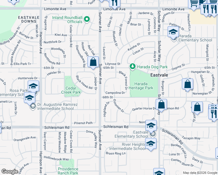 map of restaurants, bars, coffee shops, grocery stores, and more near 13339 Breton Court in Corona