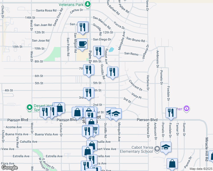 map of restaurants, bars, coffee shops, grocery stores, and more near 11388 Ocotillo Road in Desert Hot Springs