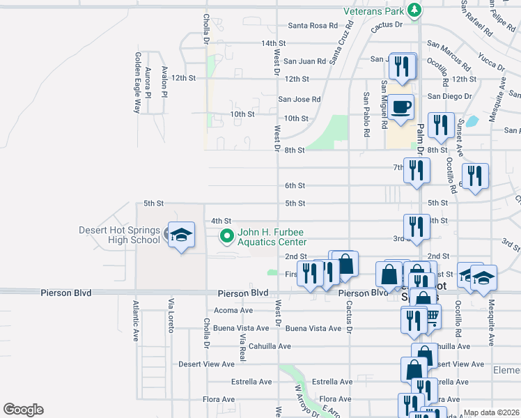 map of restaurants, bars, coffee shops, grocery stores, and more near 65951 5th Street in Desert Hot Springs