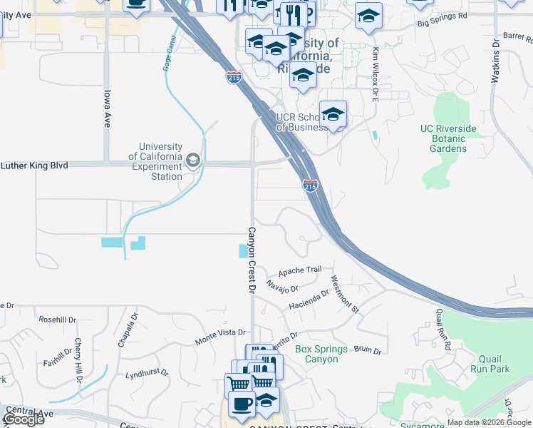 map of restaurants, bars, coffee shops, grocery stores, and more near 805 South University Drive in Riverside
