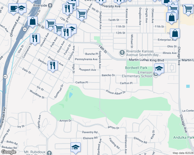 map of restaurants, bars, coffee shops, grocery stores, and more near 2363 Rancho Drive in Riverside