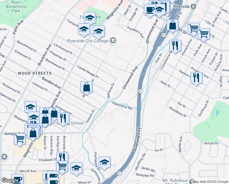 map of restaurants, bars, coffee shops, grocery stores, and more near 3445 Ramona Drive in Riverside