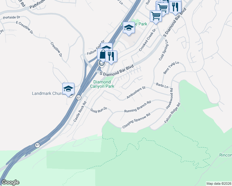 map of restaurants, bars, coffee shops, grocery stores, and more near 20943 Ambushers Street in Diamond Bar