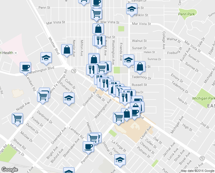 map of restaurants, bars, coffee shops, grocery stores, and more near 13021 Whittier Boulevard in Whittier