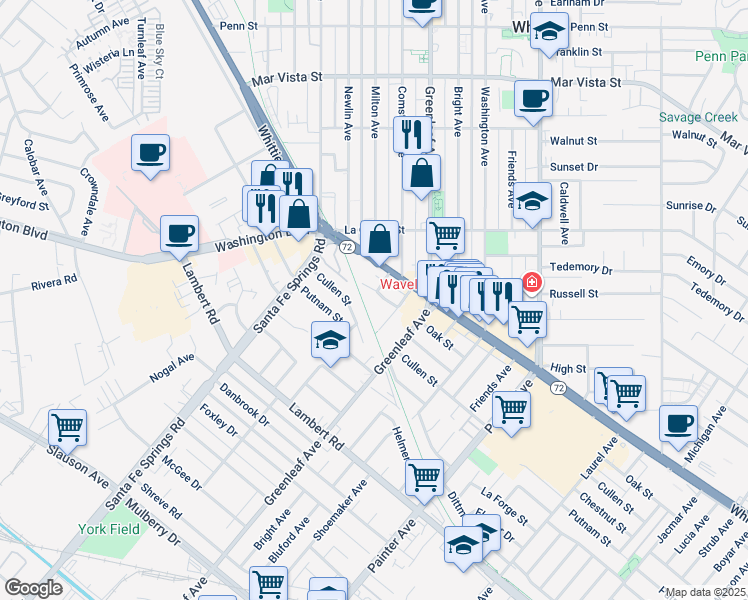 map of restaurants, bars, coffee shops, grocery stores, and more near 12809 Oak Street in Whittier