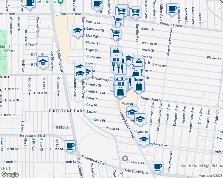 map of restaurants, bars, coffee shops, grocery stores, and more near 7921 Pacific Boulevard in Walnut Park