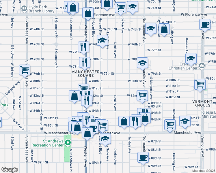 map of restaurants, bars, coffee shops, grocery stores, and more near 8011 South Denker Avenue in Los Angeles