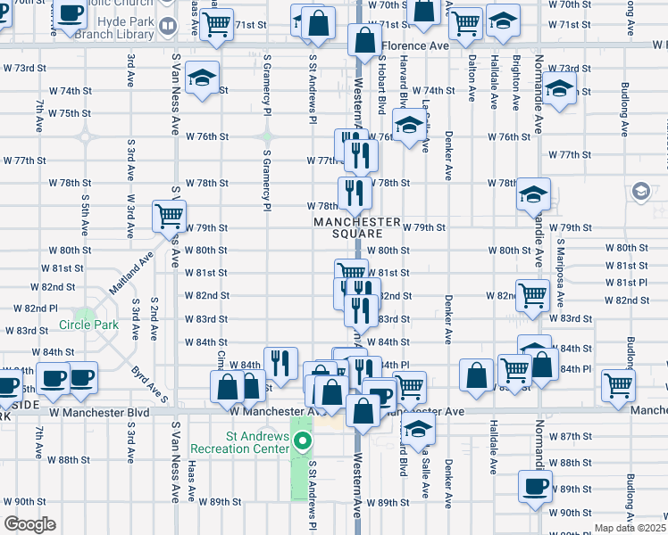 map of restaurants, bars, coffee shops, grocery stores, and more near in Los Angeles