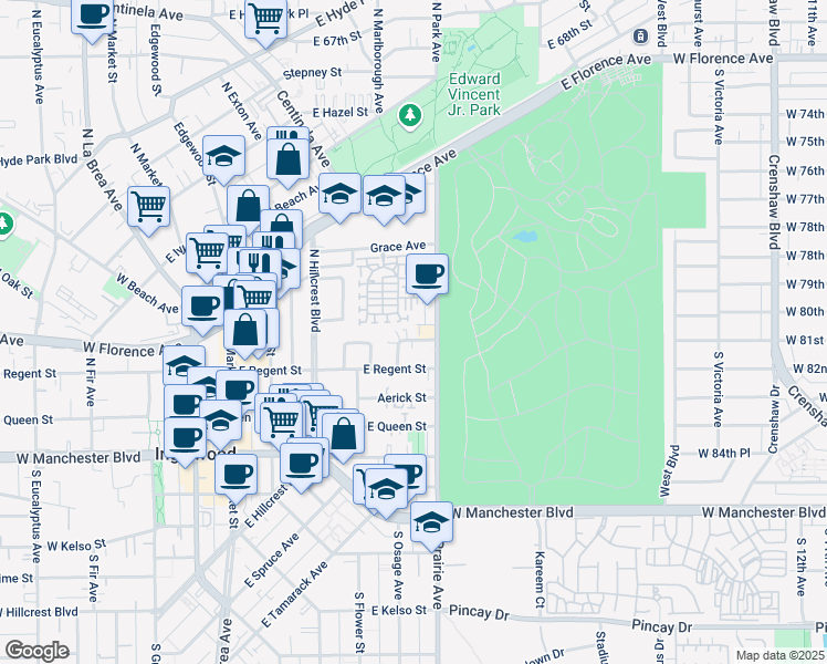 map of restaurants, bars, coffee shops, grocery stores, and more near 680 Daniel Freeman Circle in Inglewood