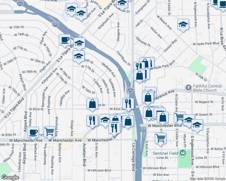 map of restaurants, bars, coffee shops, grocery stores, and more near 7739 Goddard Avenue in Los Angeles