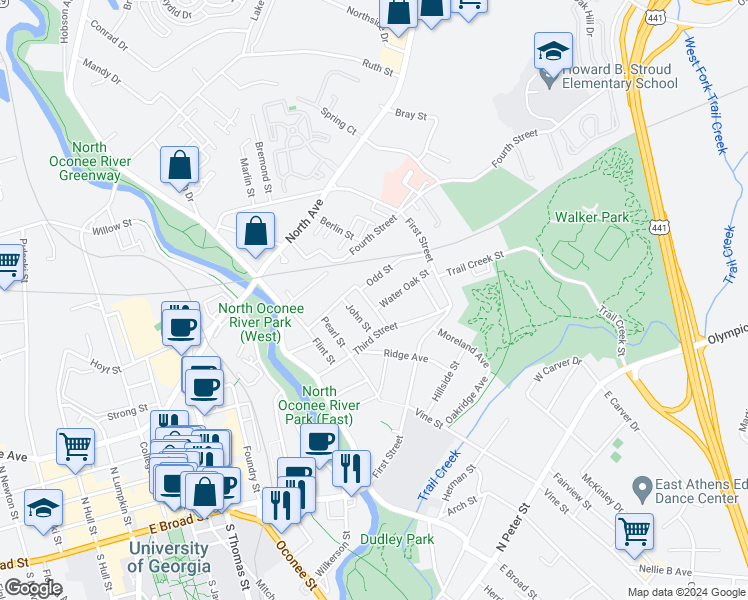 map of restaurants, bars, coffee shops, grocery stores, and more near 260 Griffeth Street in Athens