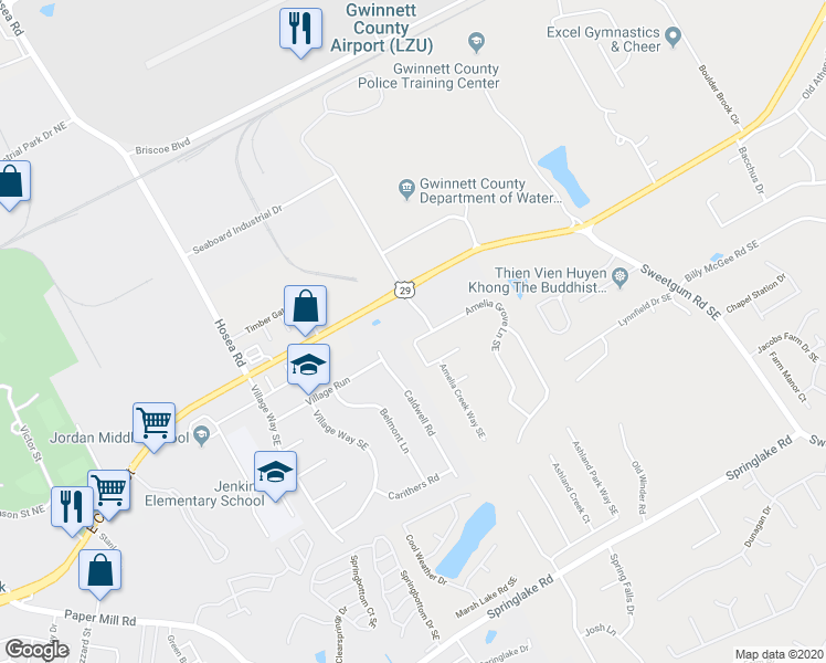 map of restaurants, bars, coffee shops, grocery stores, and more near 640 Amelia Grove Lane Southeast in Lawrenceville