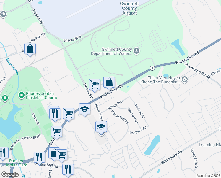 map of restaurants, bars, coffee shops, grocery stores, and more near 340 Timber Gate Court in Lawrenceville