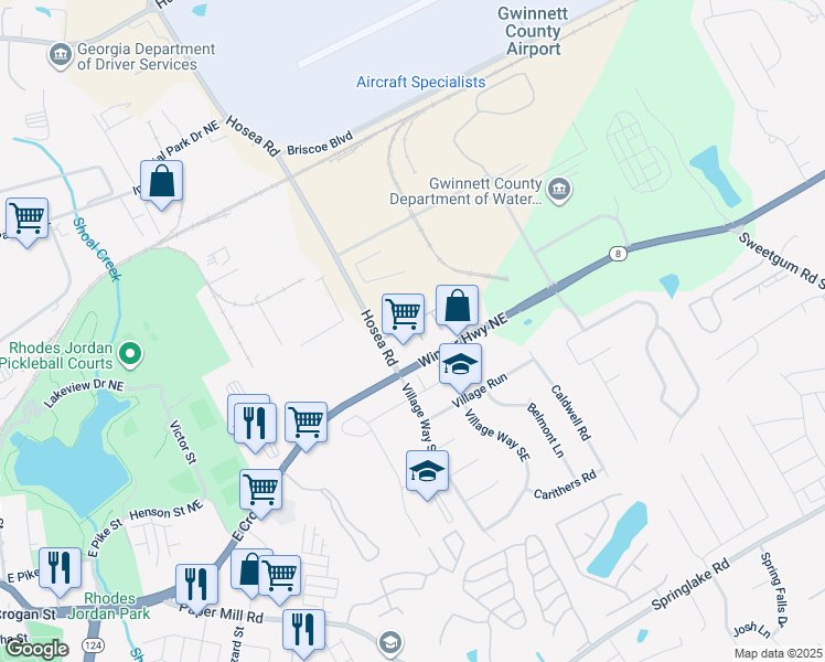 map of restaurants, bars, coffee shops, grocery stores, and more near 132 Timber Mist Lane in Lawrenceville