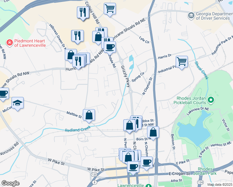 map of restaurants, bars, coffee shops, grocery stores, and more near 407 Northdale Court in Lawrenceville