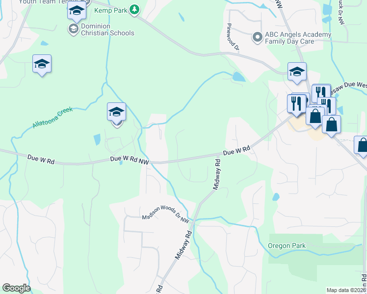 map of restaurants, bars, coffee shops, grocery stores, and more near 518 Earlvine Way Northwest in Kennesaw