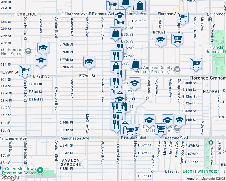 map of restaurants, bars, coffee shops, grocery stores, and more near 1015 1/2 East 81st Street in Los Angeles