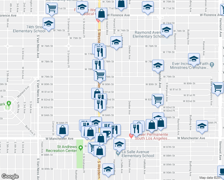 map of restaurants, bars, coffee shops, grocery stores, and more near 1707 West 81st Street in Los Angeles