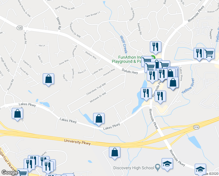 map of restaurants, bars, coffee shops, grocery stores, and more near 1303 Mohawk Drive Northwest in Lawrenceville