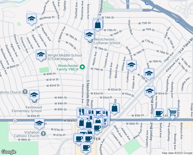 map of restaurants, bars, coffee shops, grocery stores, and more near 8011 Vicksburg Avenue in Los Angeles