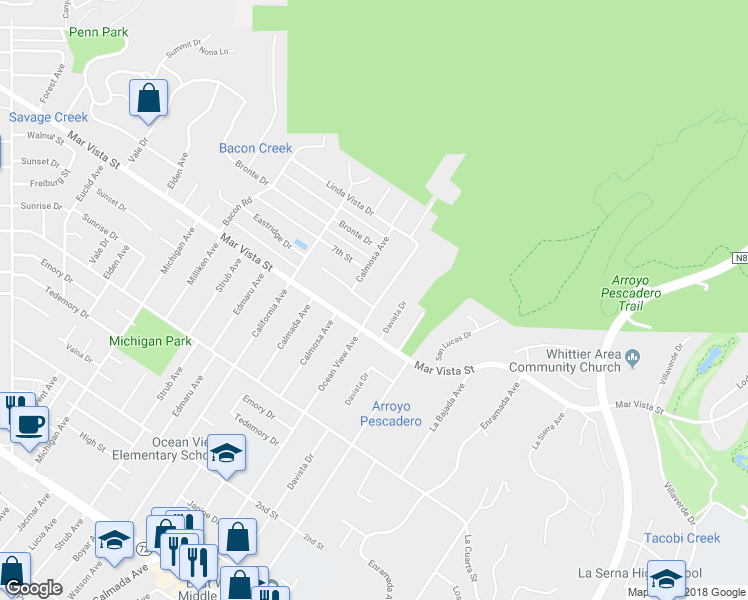 map of restaurants, bars, coffee shops, grocery stores, and more near 8123 Ocean View Avenue in Whittier