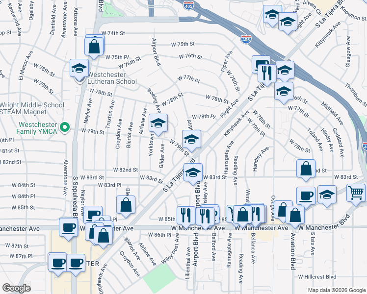 map of restaurants, bars, coffee shops, grocery stores, and more near 5931 West 79th Street in Los Angeles