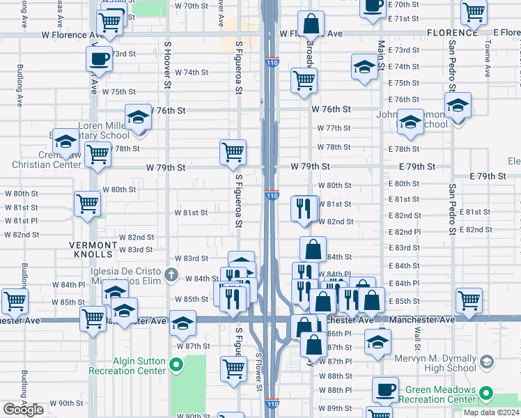 map of restaurants, bars, coffee shops, grocery stores, and more near 426 West 81st Street in Los Angeles