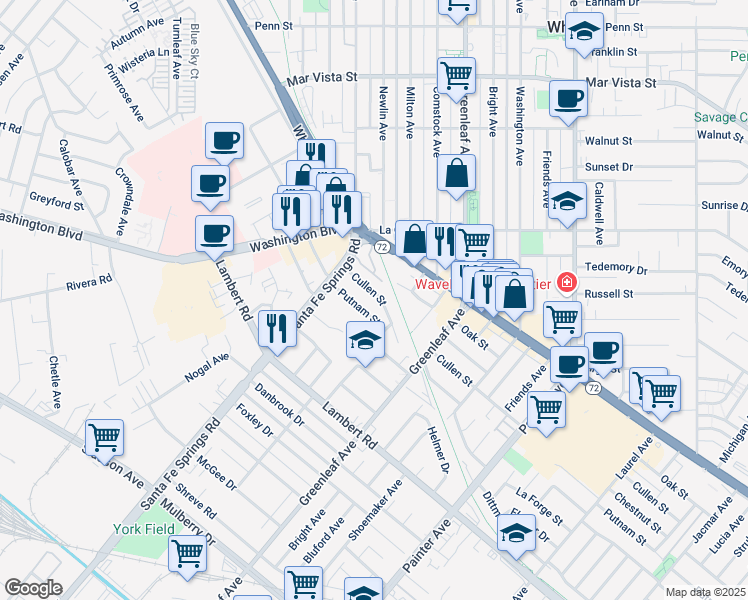 map of restaurants, bars, coffee shops, grocery stores, and more near 12717 Cullen Street in Whittier
