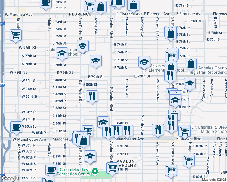 map of restaurants, bars, coffee shops, grocery stores, and more near 607 East 81st Street in Los Angeles