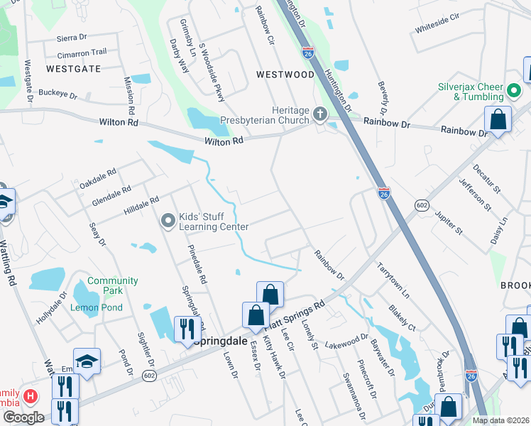 map of restaurants, bars, coffee shops, grocery stores, and more near 2812 Franklin Street in West Columbia