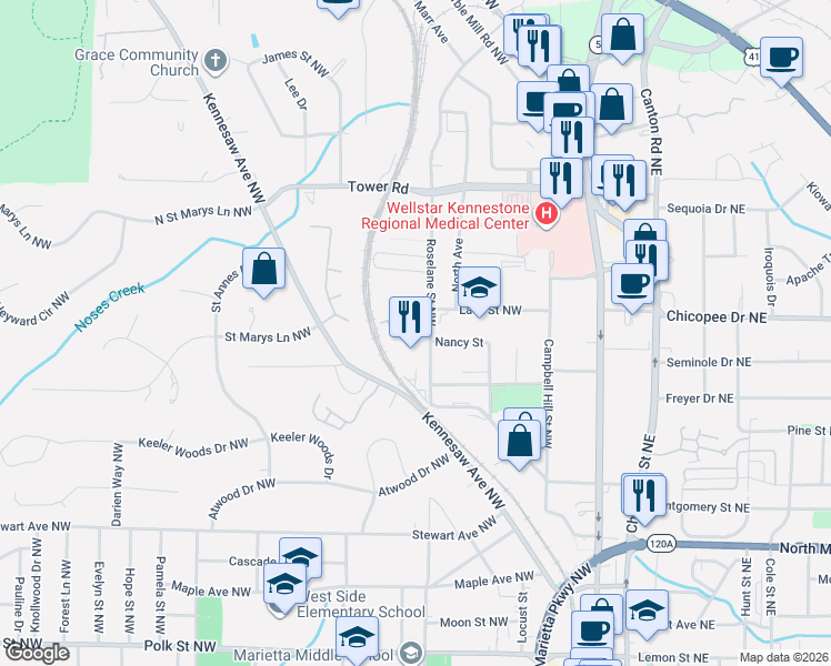 map of restaurants, bars, coffee shops, grocery stores, and more near 598 Nancy Street in Marietta